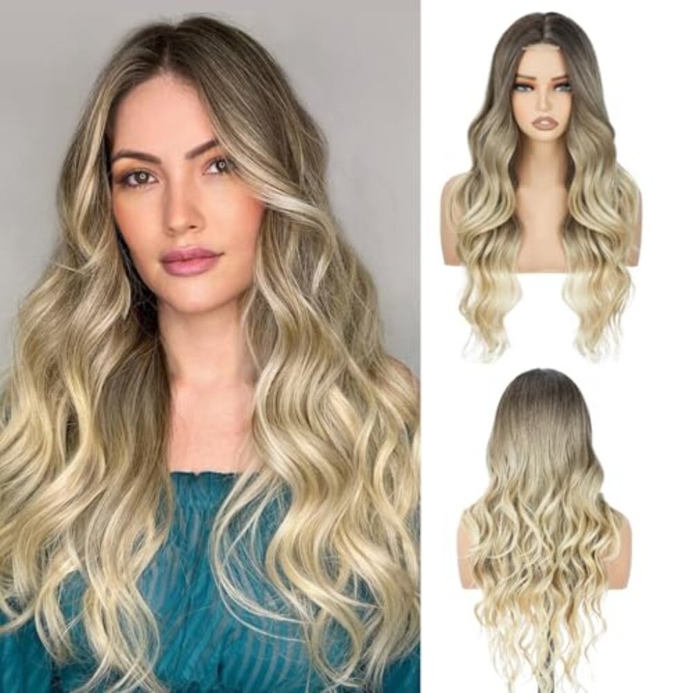 Long Wavy Wig for Women, 26 Inch Synthetic Lace Hairline Ombre Blonde Wigs, Natu